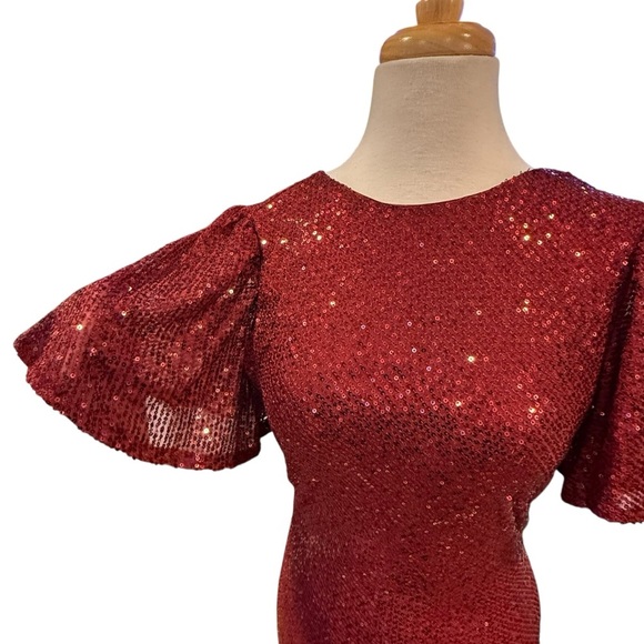 ASTR The Label Flutter Sleeve Draped Back Burgundy Wine Sequined Mini Dress Med - Picture 7 of 14